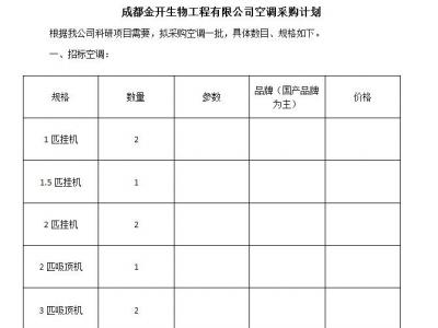 成都金開(kāi)生物工程有限公司空調采購計劃